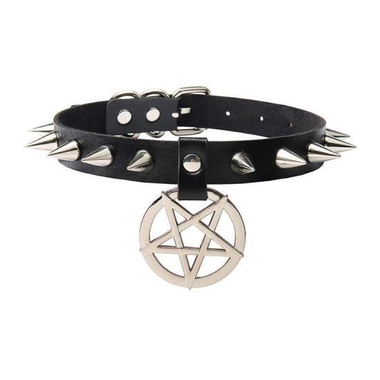 Čierny kožený obojok Pentagram s kovovými ostňami, Fetiš, BDSM