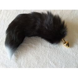 Zlatý FOX análny kovový kolík s čierno strieborným chvostíkom, BDSM - 45 cm