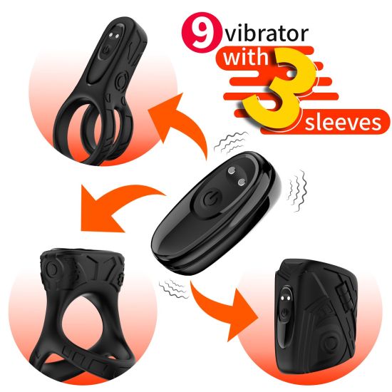 Sada Deluxe Vibrátor na penis včetně dvou erekčních vibračních kroužků, černá, 9 vibrací, vodotěsný