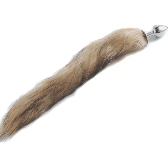 Kovový stříbrný anální kolík s Liščím ocasem, délka 46,5 cm